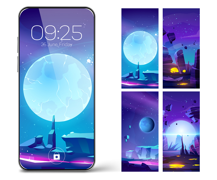 Smartphone lock screen with cosmic landscape.